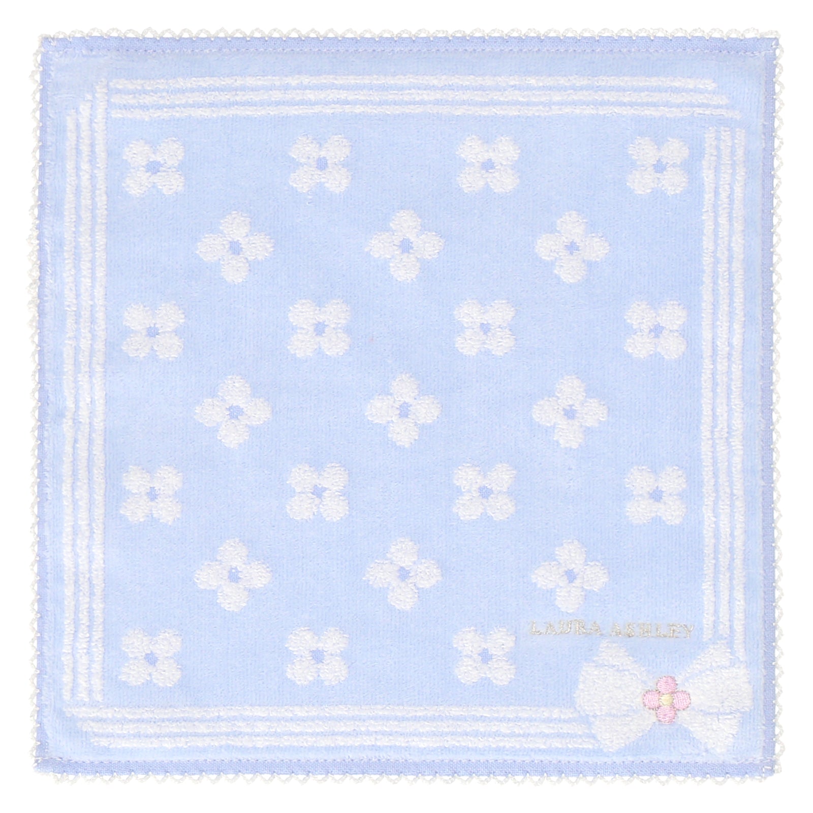 手刺繍入ちっちゃな タオルハンカチ【青いお花】 ミニタオルハンカチ リトルフラワー&ワンポイントリボン ブルー