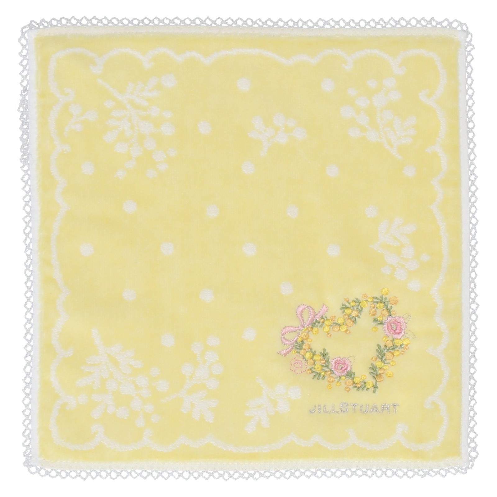 手刺繍入ちっちゃな タオルハンカチ【りす君と黄色いお花】 タオルハンカチ ミモザ ハートリース イエロー – INTERMODE KAWABE