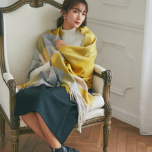 画像をギャラリービューアに読み込む, カシミヤ 100% 大判 ストール チェック柄 60×200cm ブロックイエロー