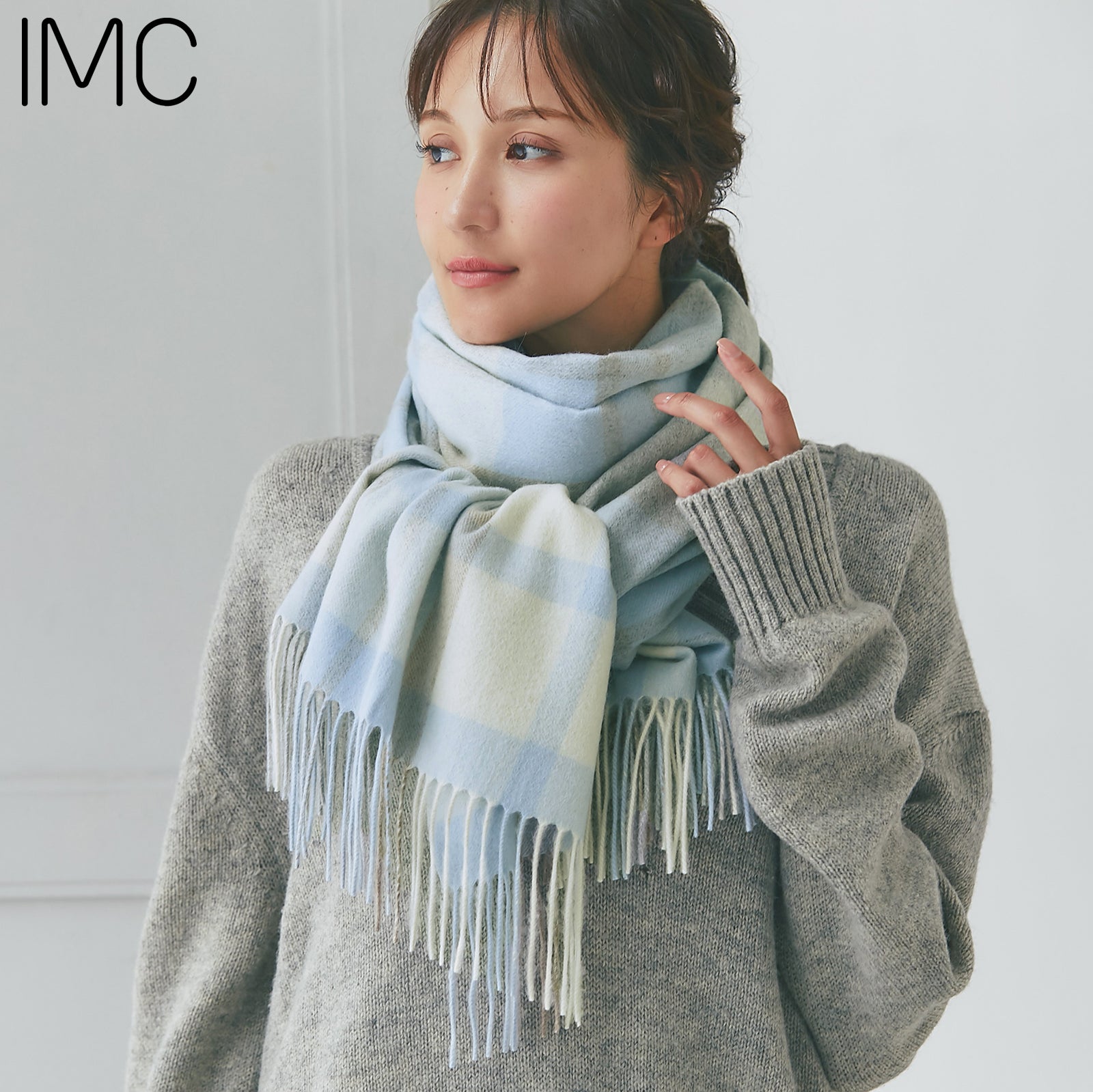 NEW】カシミヤ大判ストール チェック柄 チェックミストブルー