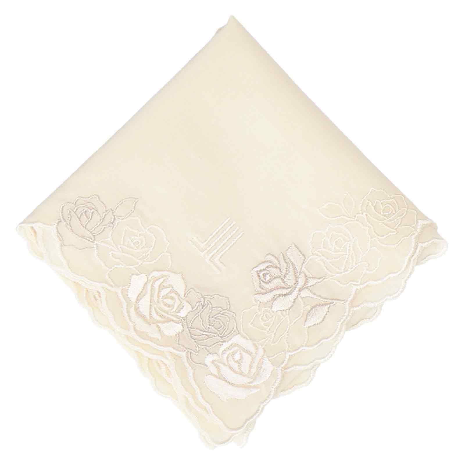 婦人刺繍ハンカチ 薔薇 #080c　アイボリー