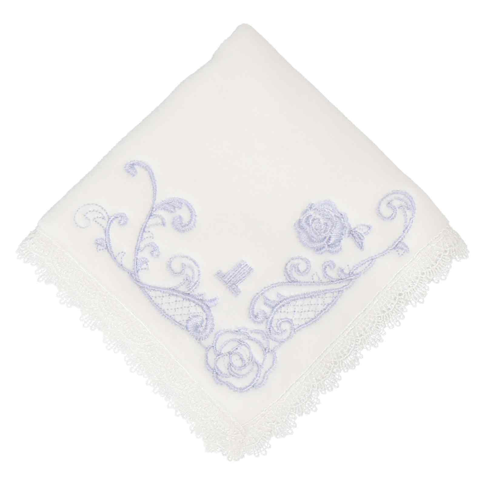 婦人ミニタオル 刺繍＆レース #083b　サックス
