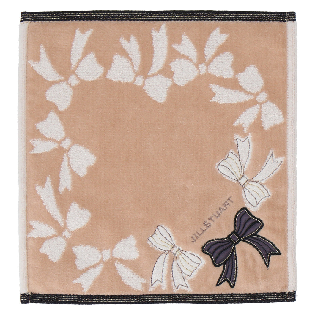 【NEW】タオルハンカチ リボンアップリケ #092b　ベージュ