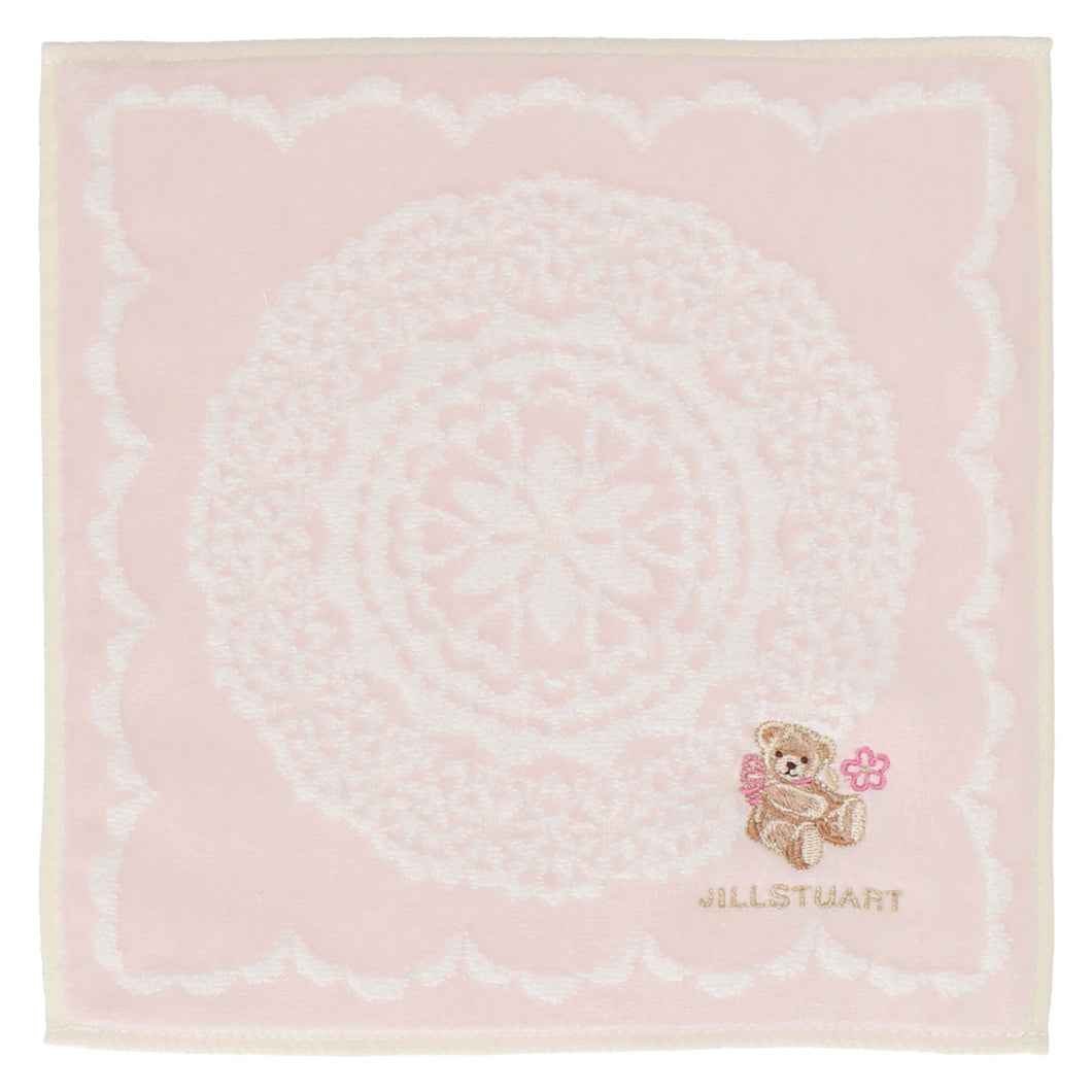 【NEW】タオルハンカチ レース＆テディベア #092a　ピンク