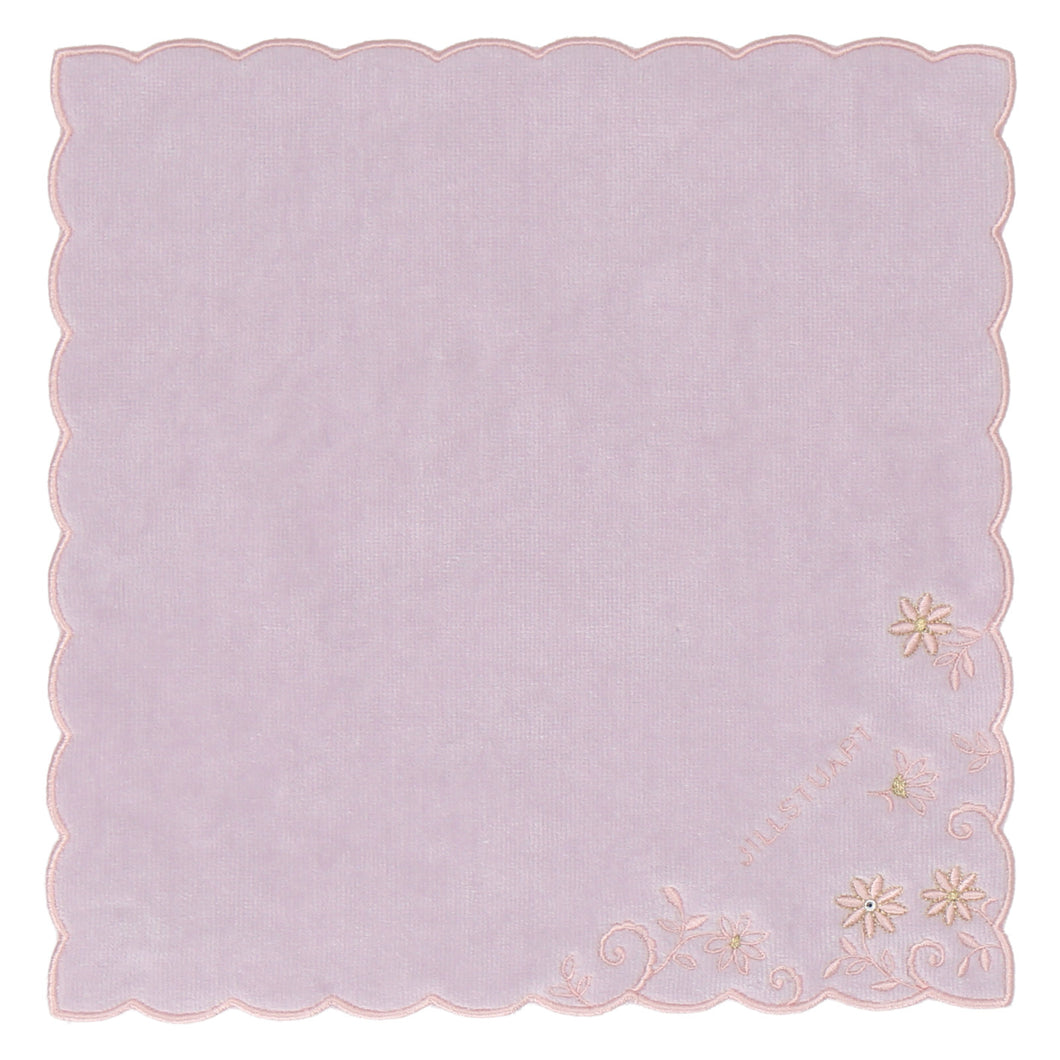 【NEW】タオルハンカチ スカラップ小花刺繍 #092a　ライトグレー