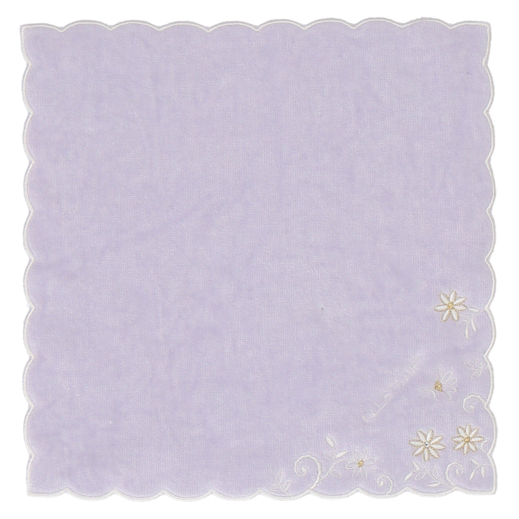 【NEW】タオルハンカチ スカラップ小花刺繍 #092b　ライラック