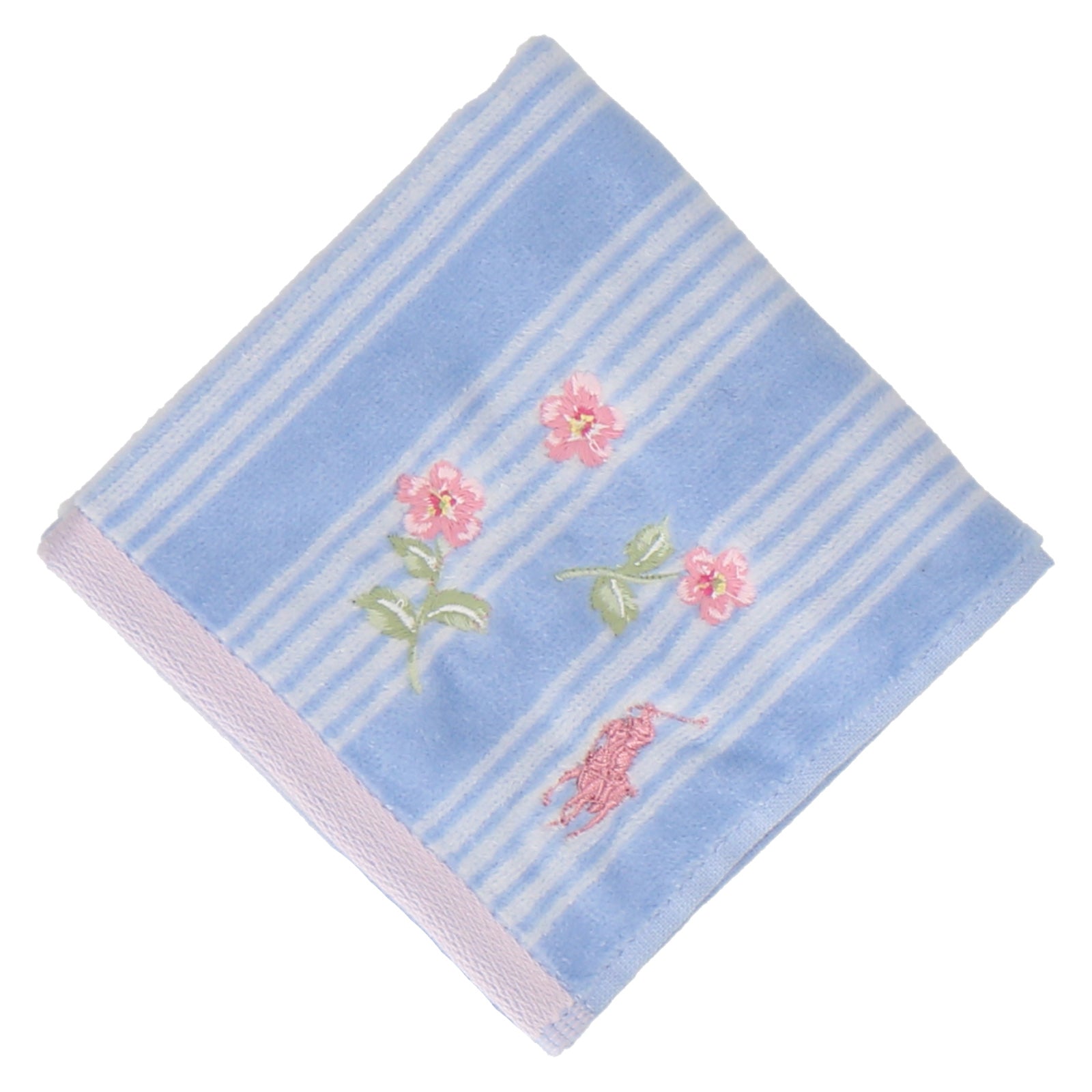 ミニタオル  ストライプ ポロポニー 桜刺繍　スカイブルー