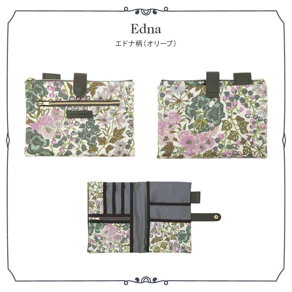 リバティプリント 手帳型マルチポーチ #187c Edna（エドナ） オリーブ