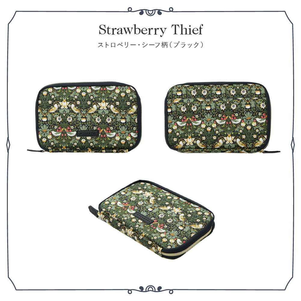 リバティプリント お財布型マルチポーチ Strawberry Thief　ブラック