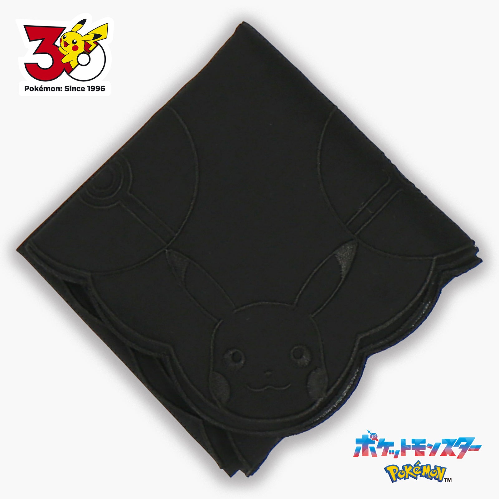 刺しゅうハンカチ ピカチュウフェイス＆モンスターボール　ブラック