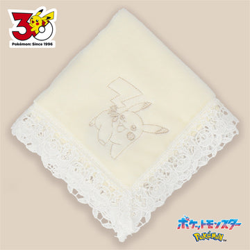 レースタオルハンカチ アイボリー　かけっこピカチュウ