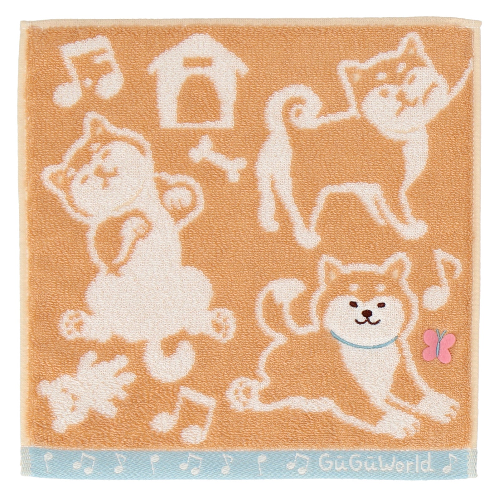 婦人タオルハンカチ 柴犬＆蝶々　オレンジ