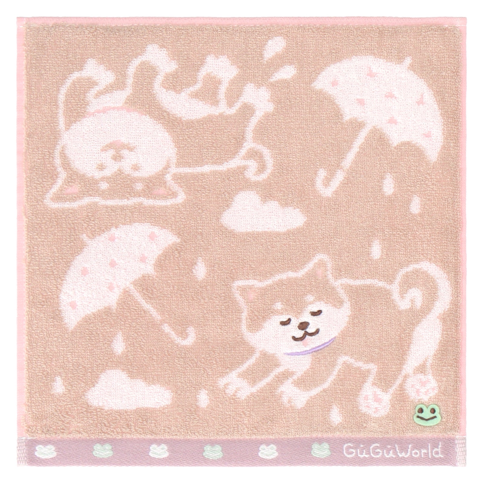 婦人タオルハンカチ 柴犬＆カエル　ベージュ