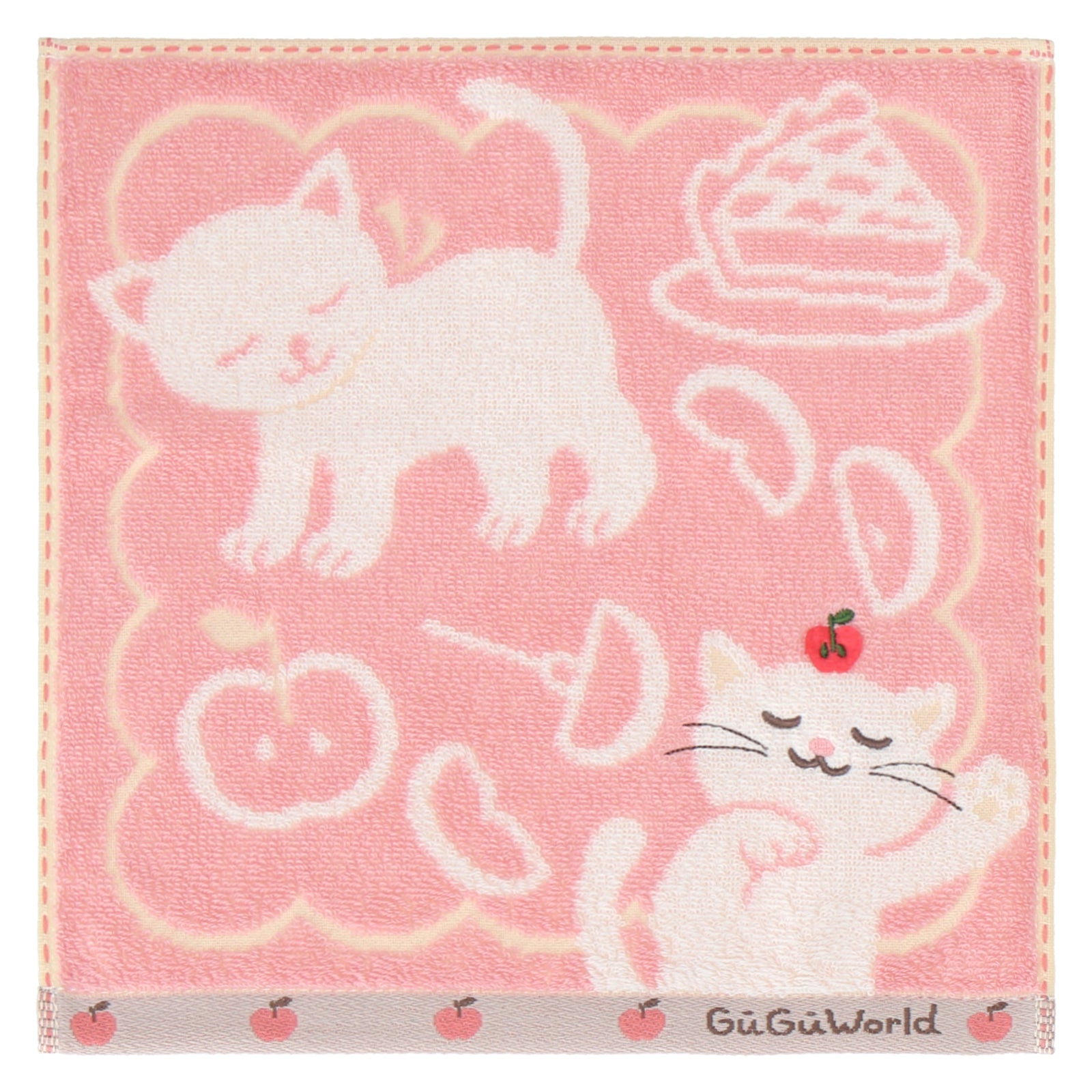 婦人タオルハンカチ ねこ＆りんご　ピンク