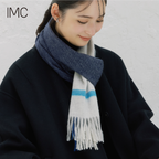カシミヤ100% マフラー チェック柄　ラインブルー