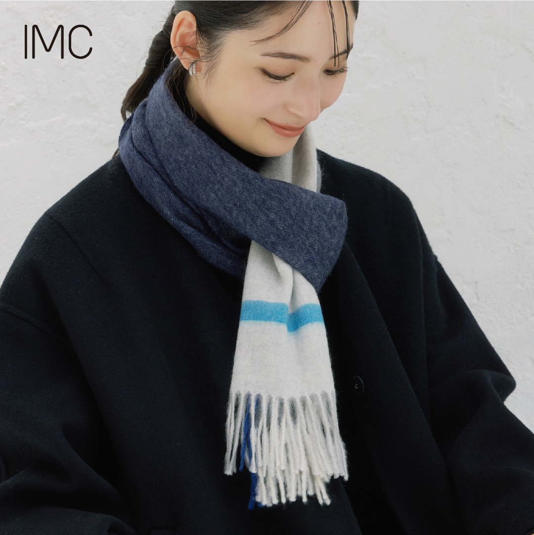 カシミヤ100% マフラー チェック柄　ラインブルー