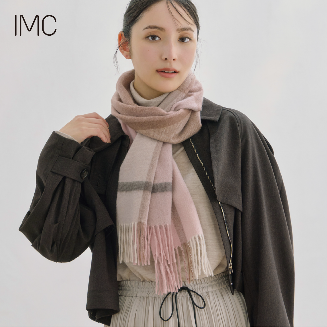 カシミヤ100% マフラー チェック柄　ラインピンク
