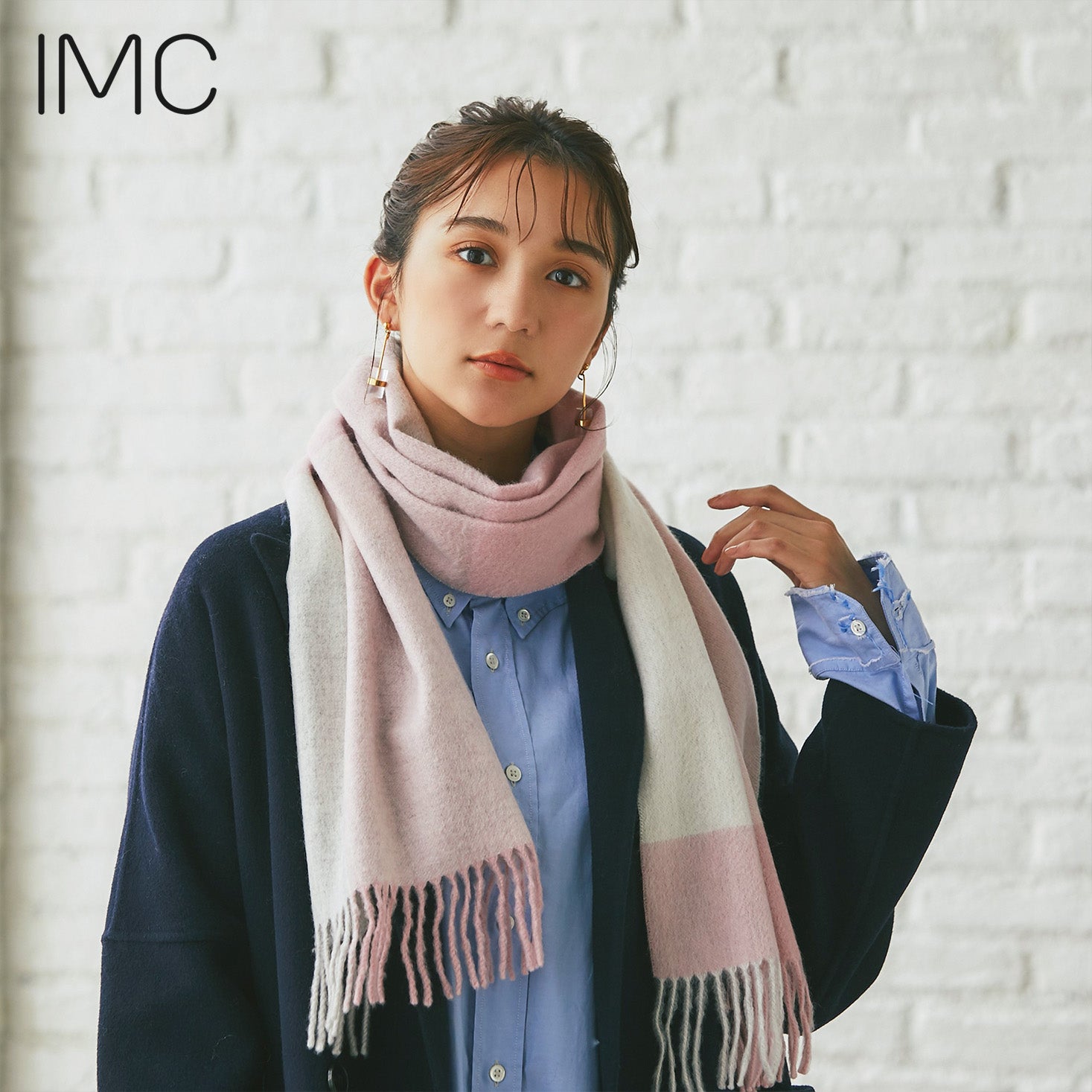 カシミヤ100% マフラー チェック柄　ブロックピンク