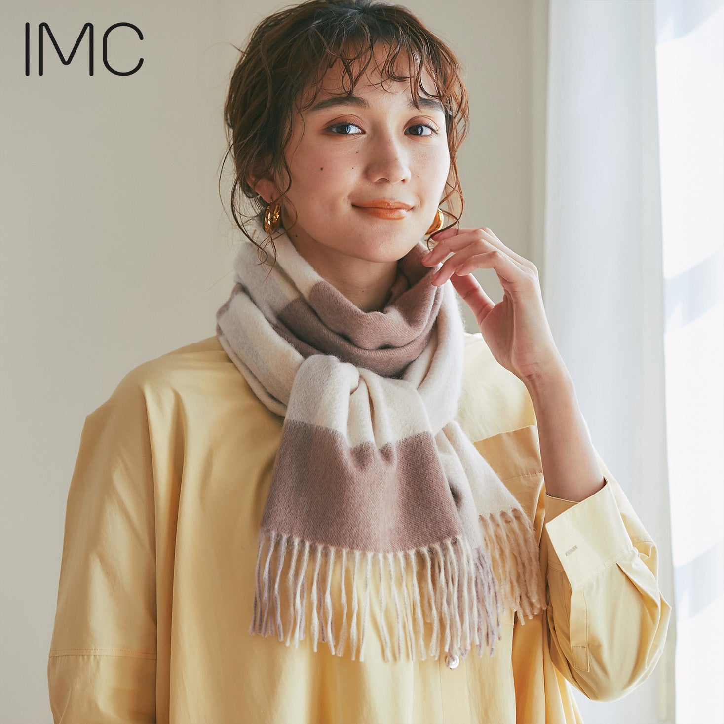 カシミヤ100% マフラー チェック柄　ブロックベージュ