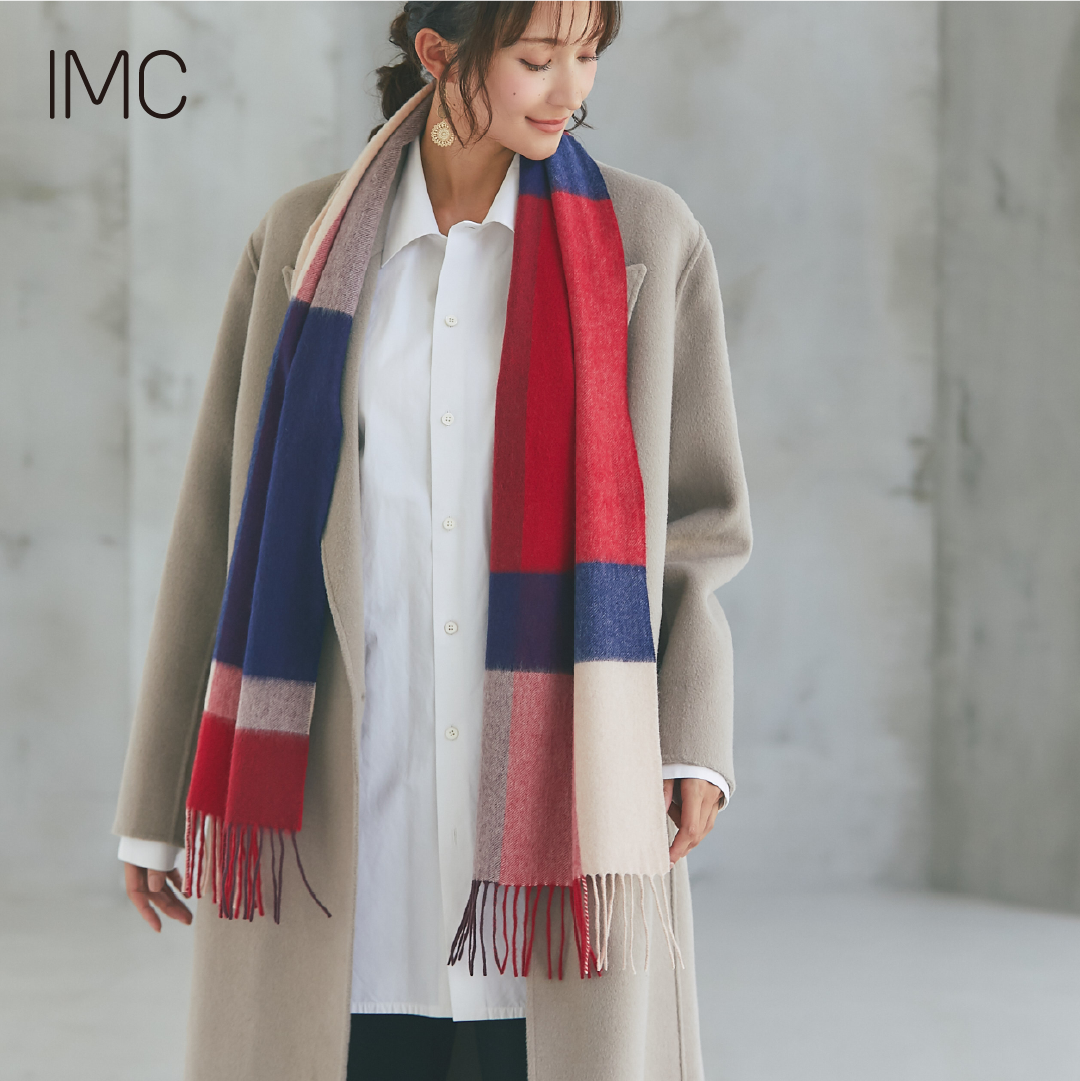 カシミヤ100％ マフラー チェック柄　ブロックチェックレッド
