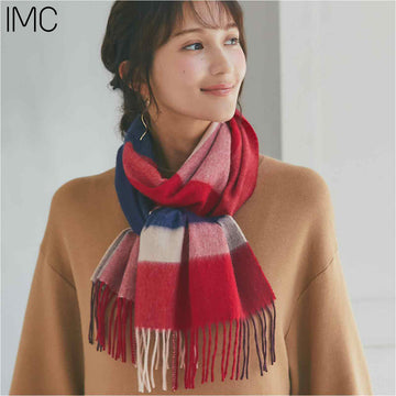 カシミヤ100％チェックマフラー　ブロックチェックレッド
