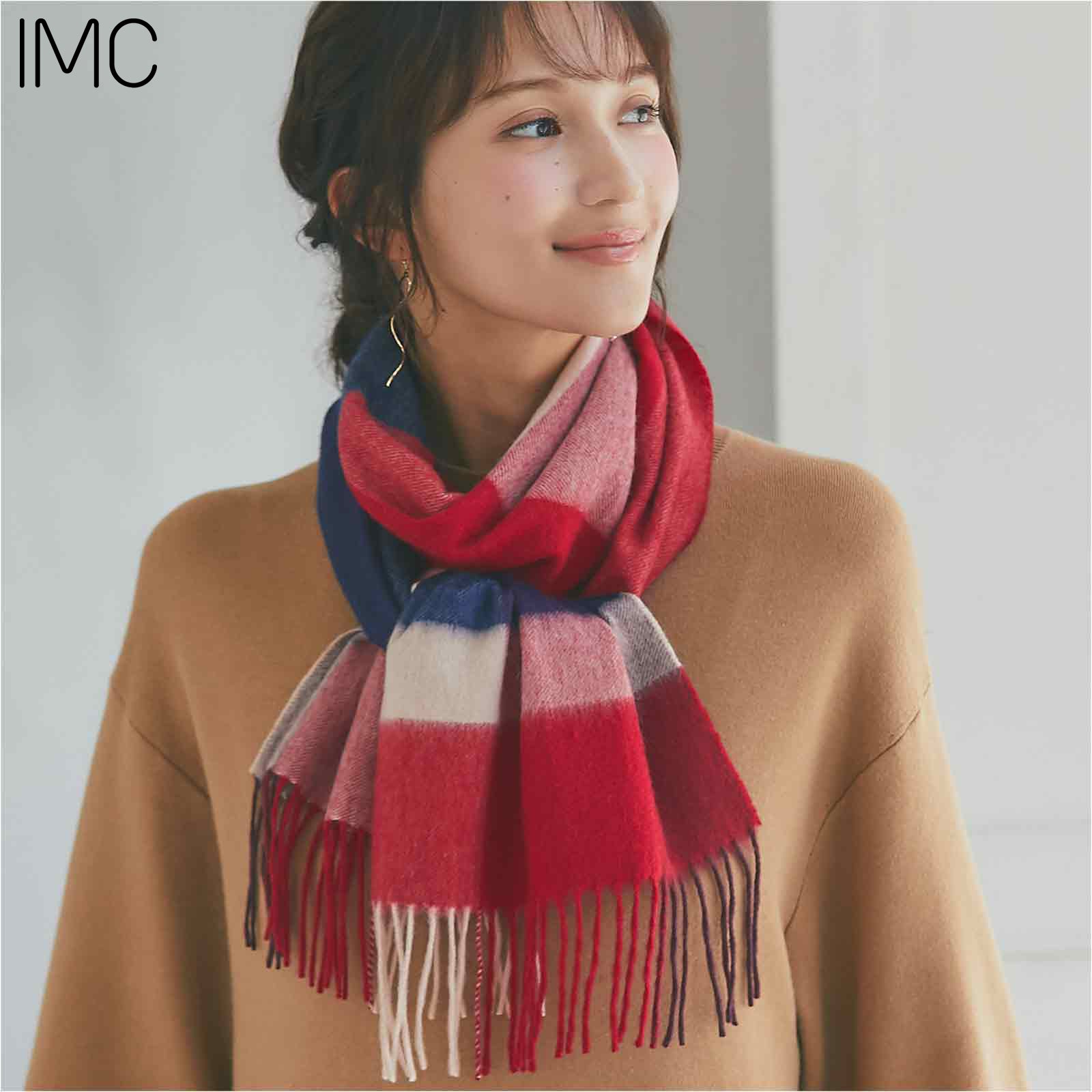 カシミヤ100％チェックマフラー　ブロックチェックレッド