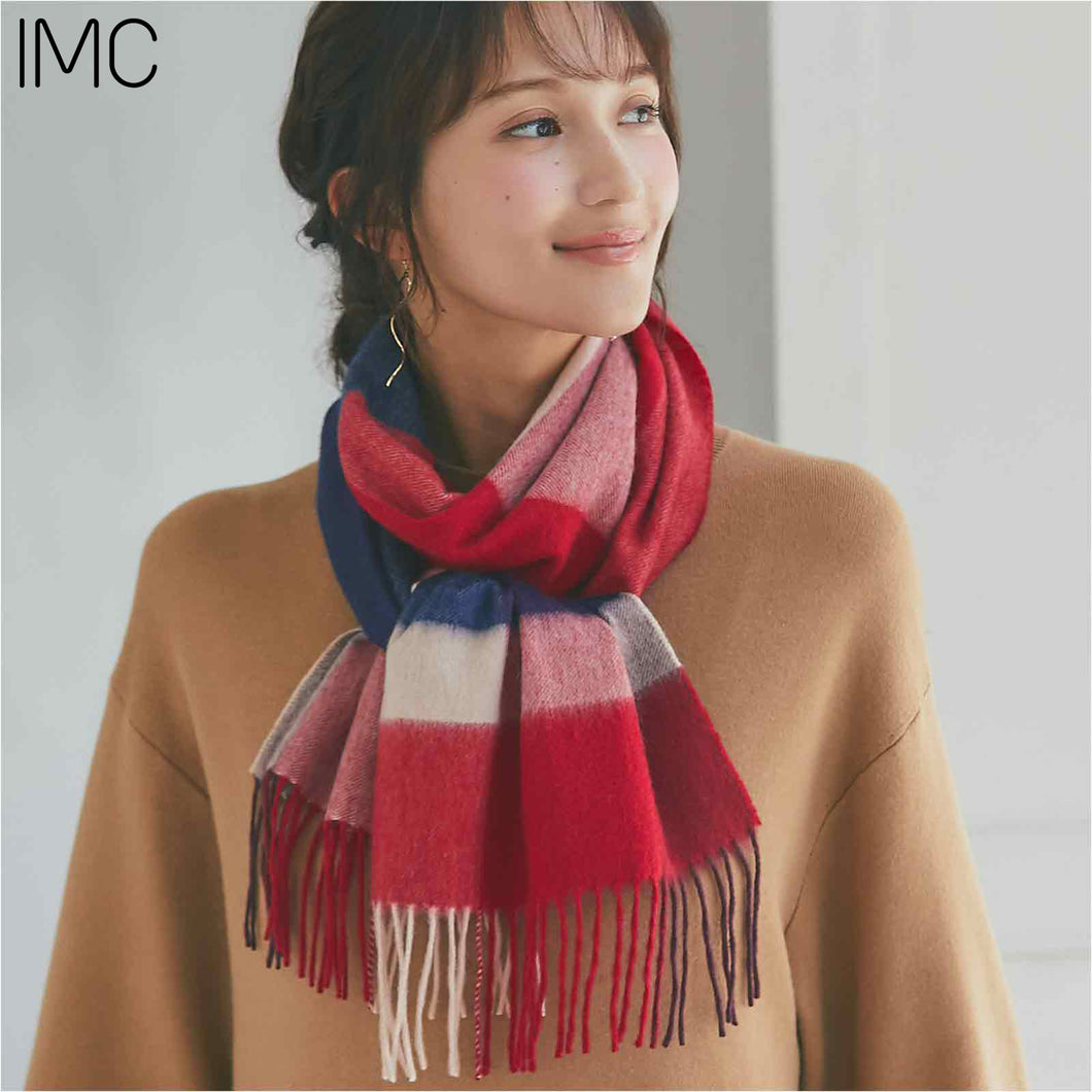 【NEW】カシミヤ100％チェックマフラー　ブロックチェックレッド