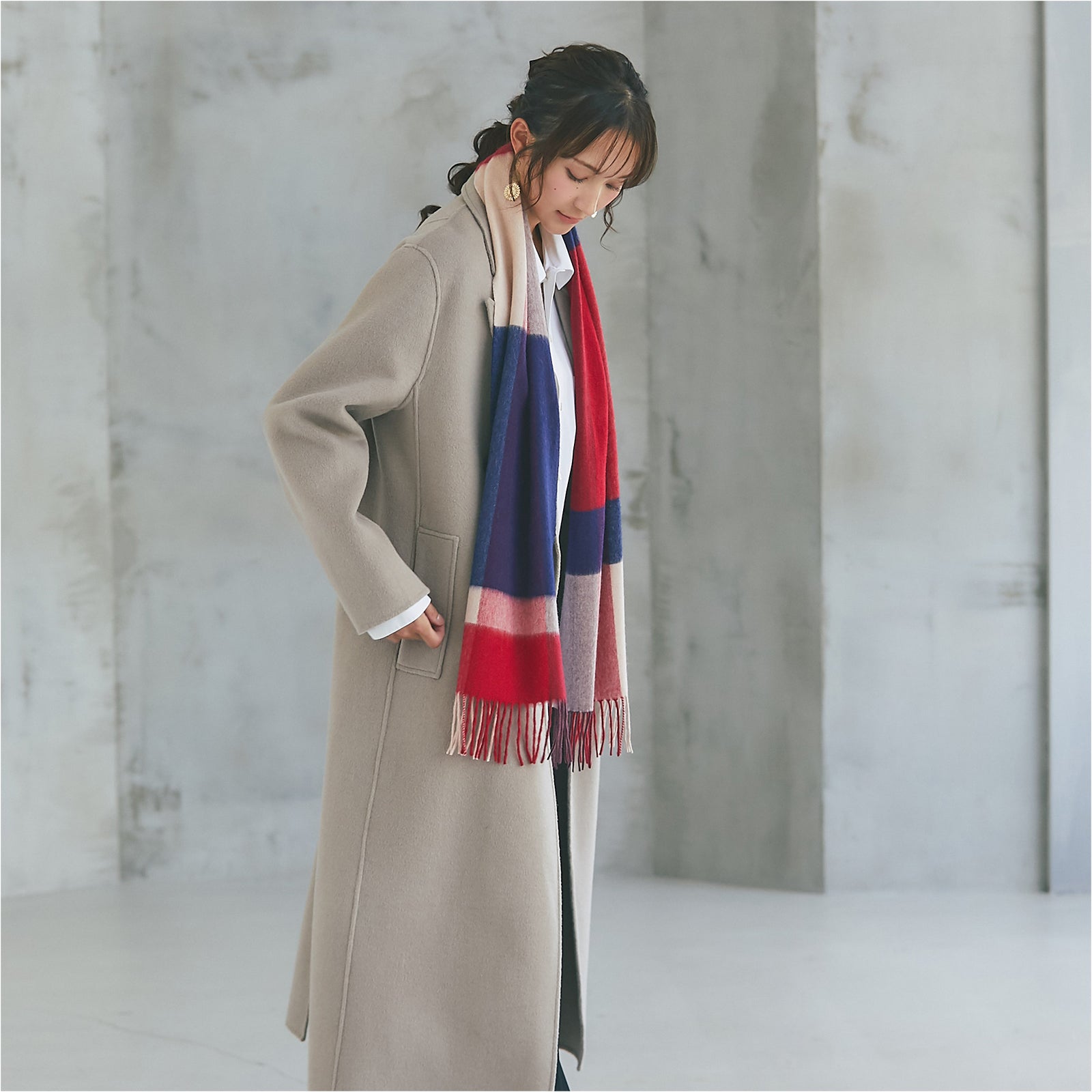 NEW】カシミヤ100％チェックマフラー ブロックチェックレッド