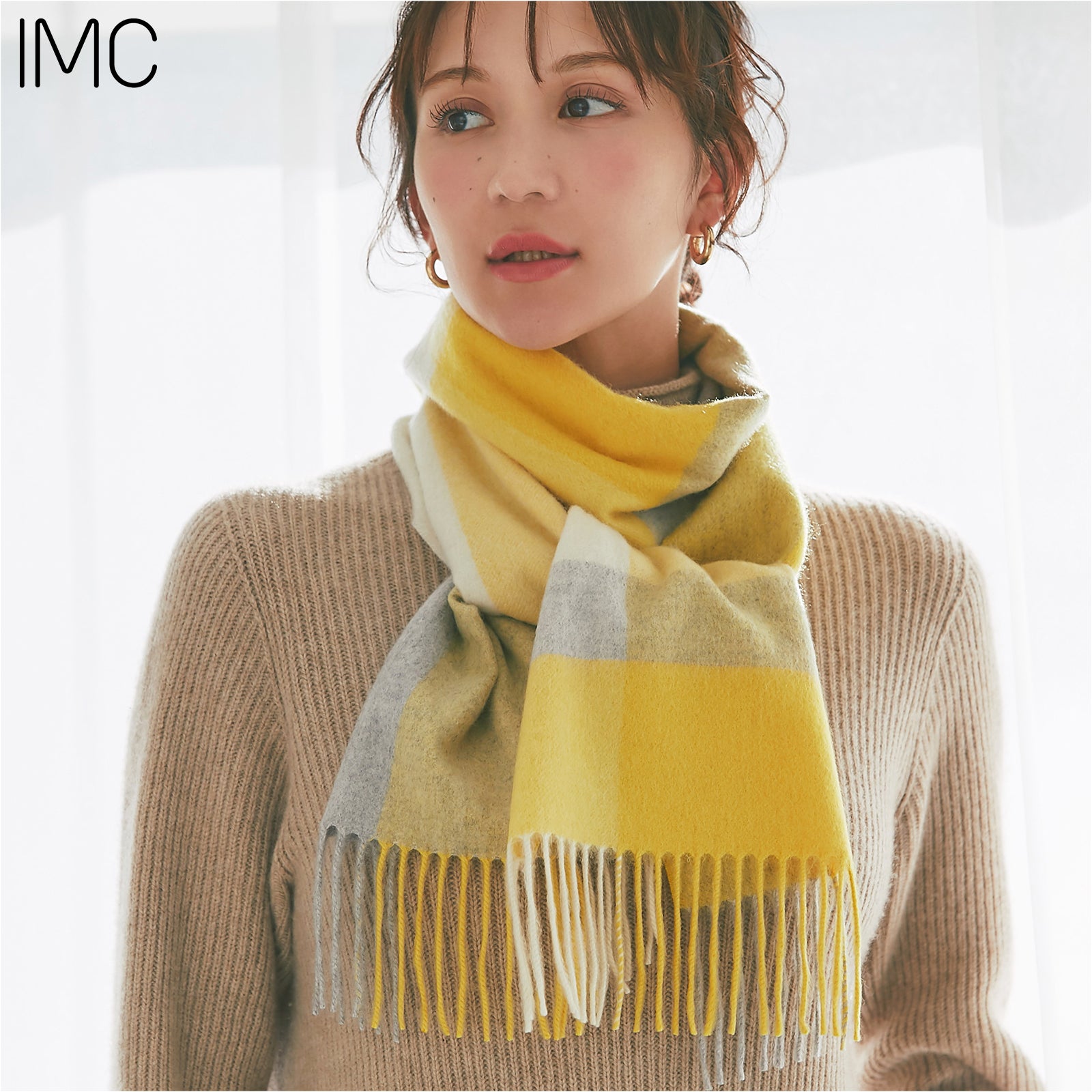 カシミヤ100％チェックマフラー　ブロックチェックイエロー