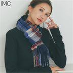 カシミヤ100％チェックマフラー　チェックネイビー