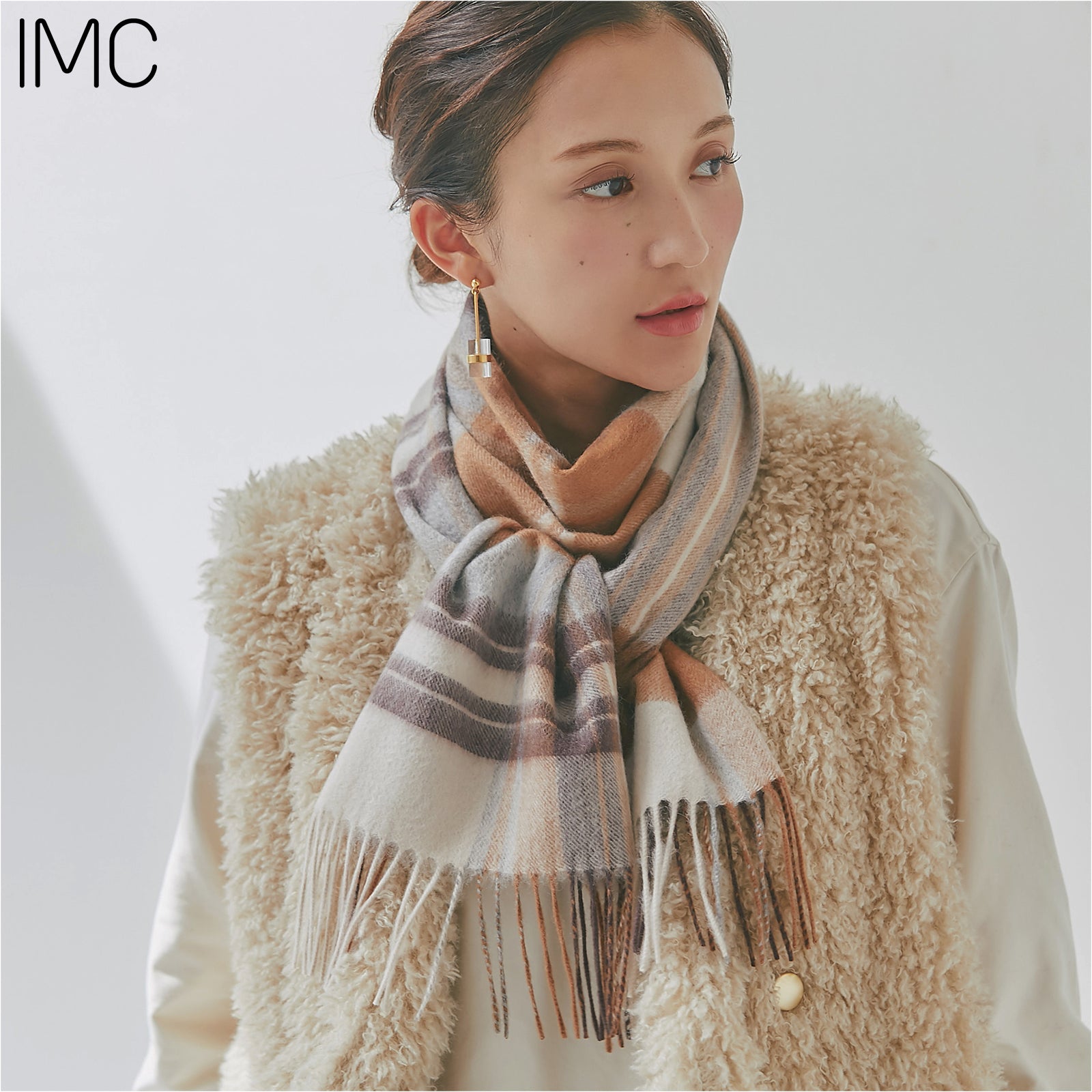 カシミヤ100％チェックマフラー　チェックライトブラウン