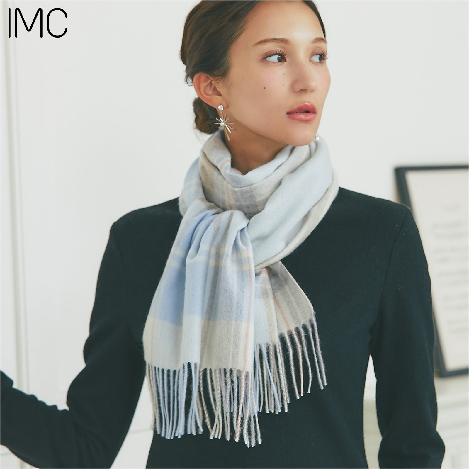 カシミヤ100％チェックマフラー　チェックパウダーブルー