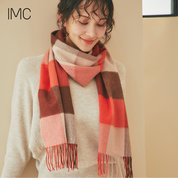 カシミヤ100％ マフラー チェック柄　チェックブリックオレンジ
