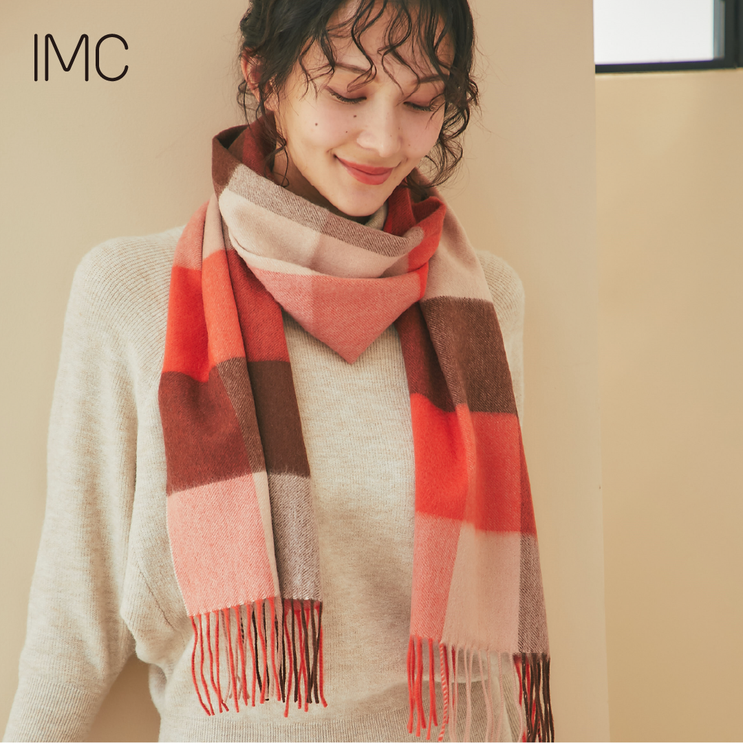 カシミヤ100％ マフラー チェック柄　チェックブリックオレンジ