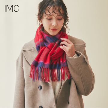 カシミヤ100％ マフラー チェック柄　モダンチェックレッド