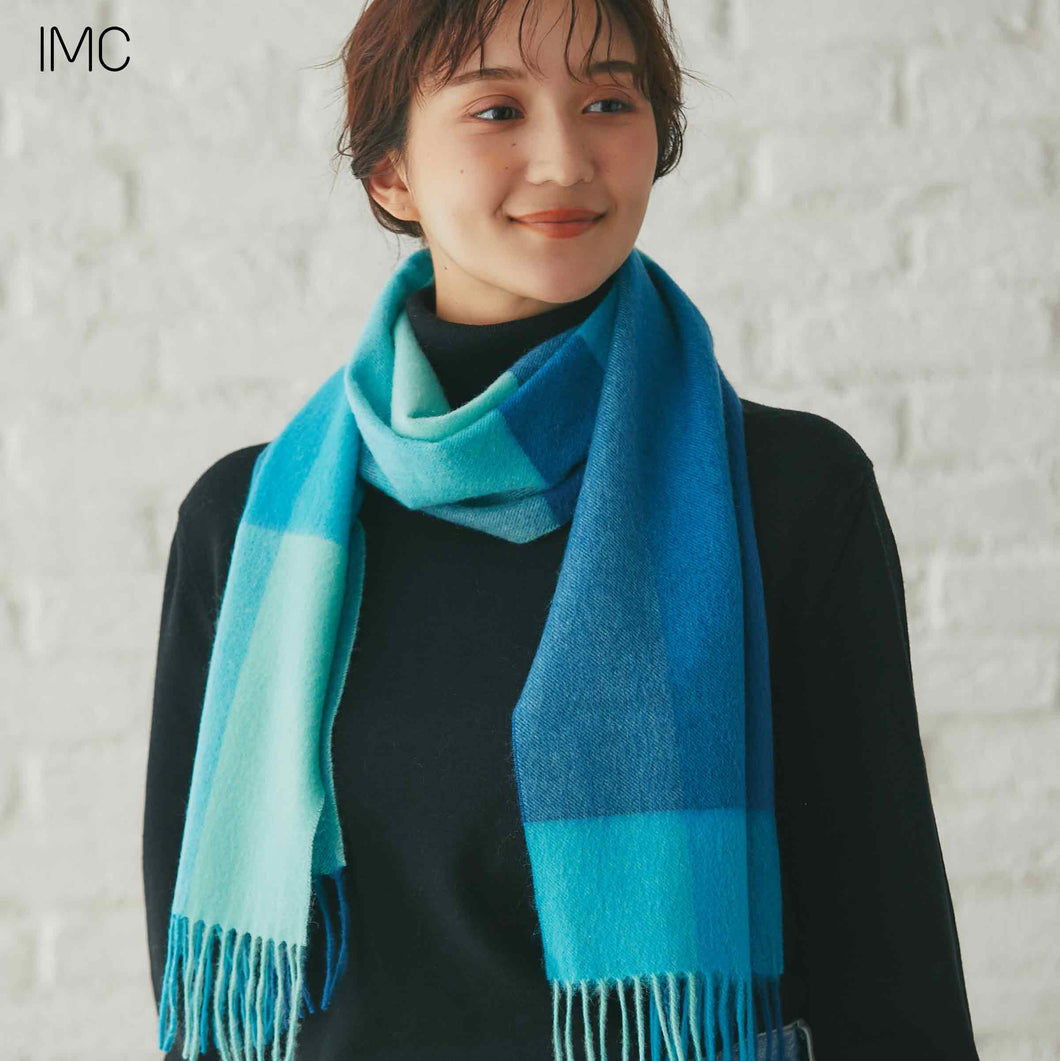 洗えるカシミヤ チェックマフラー　ターコイズ