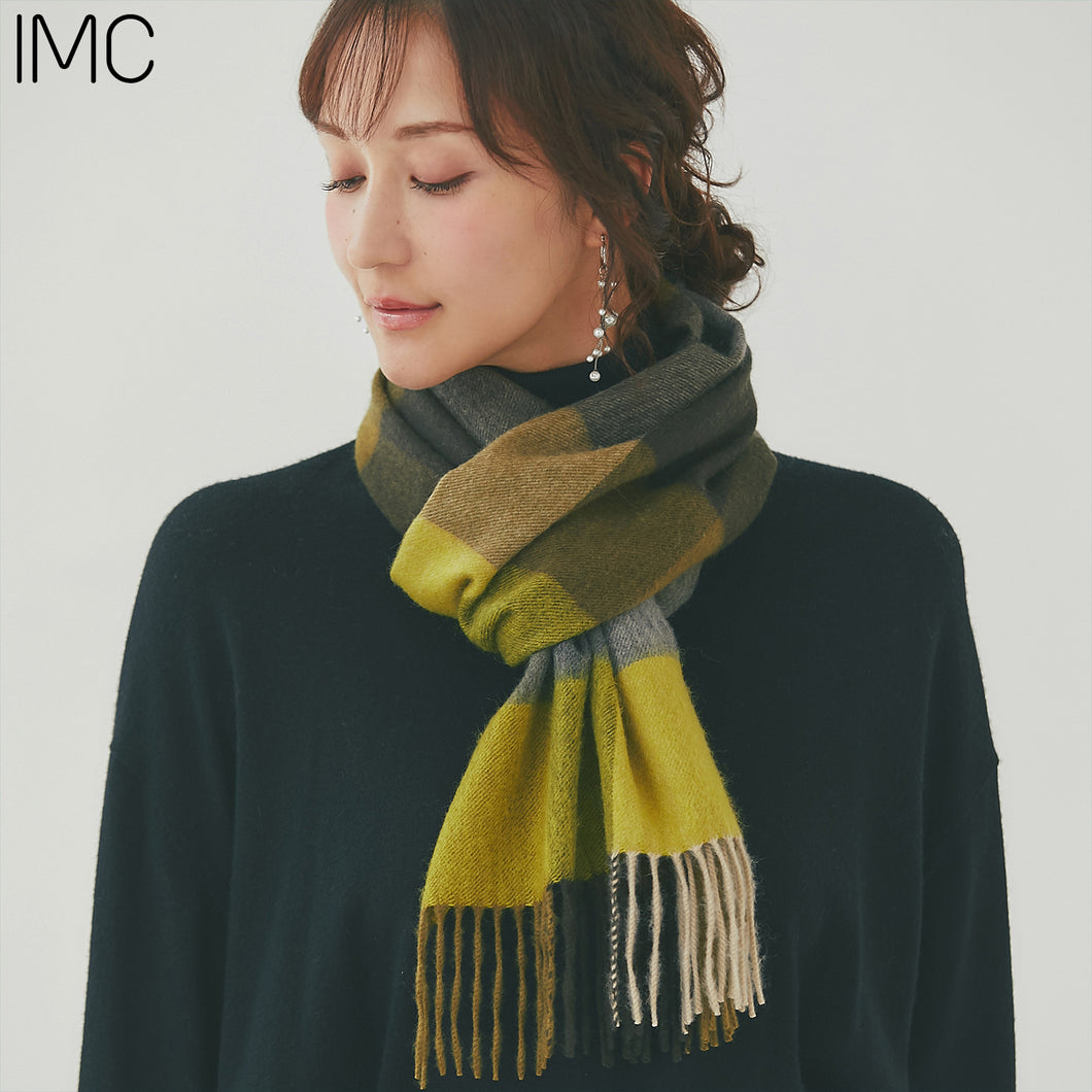 【NEW】洗えるカシミヤ ブロックチェックマフラー　グリーン