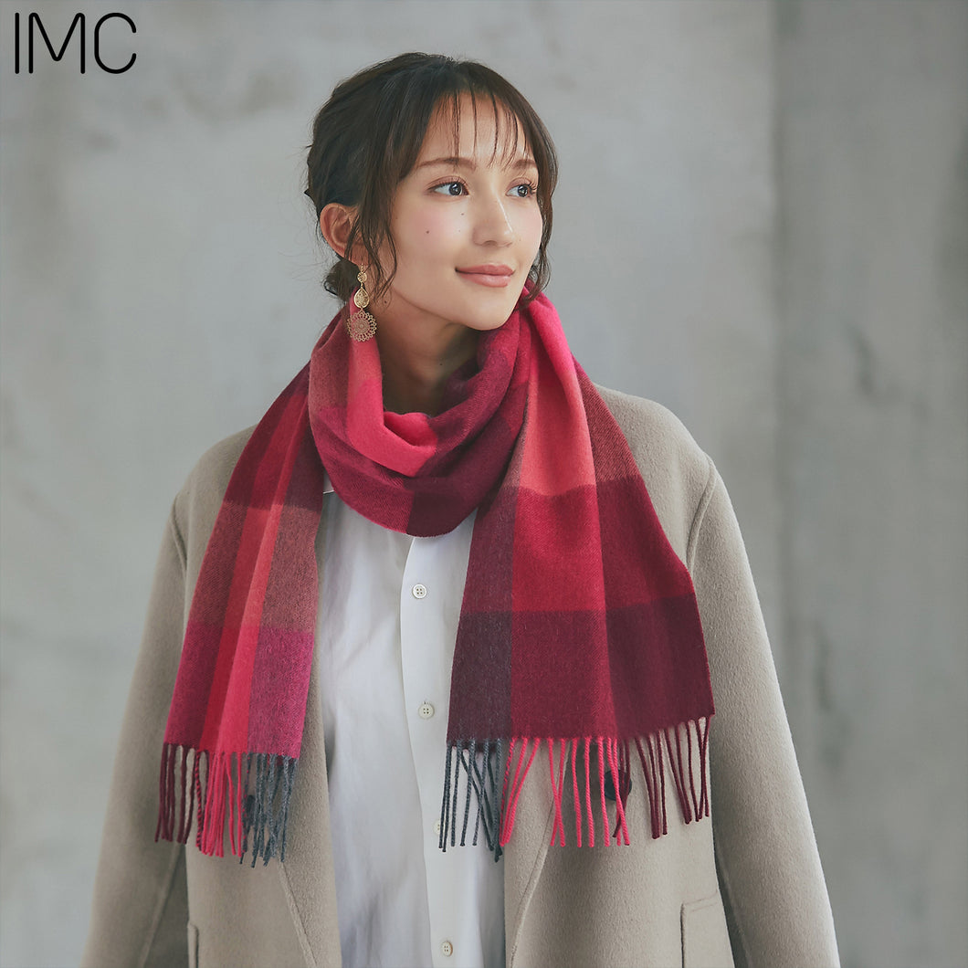 【NEW】洗えるカシミヤ ブロックチェックマフラー　レッド