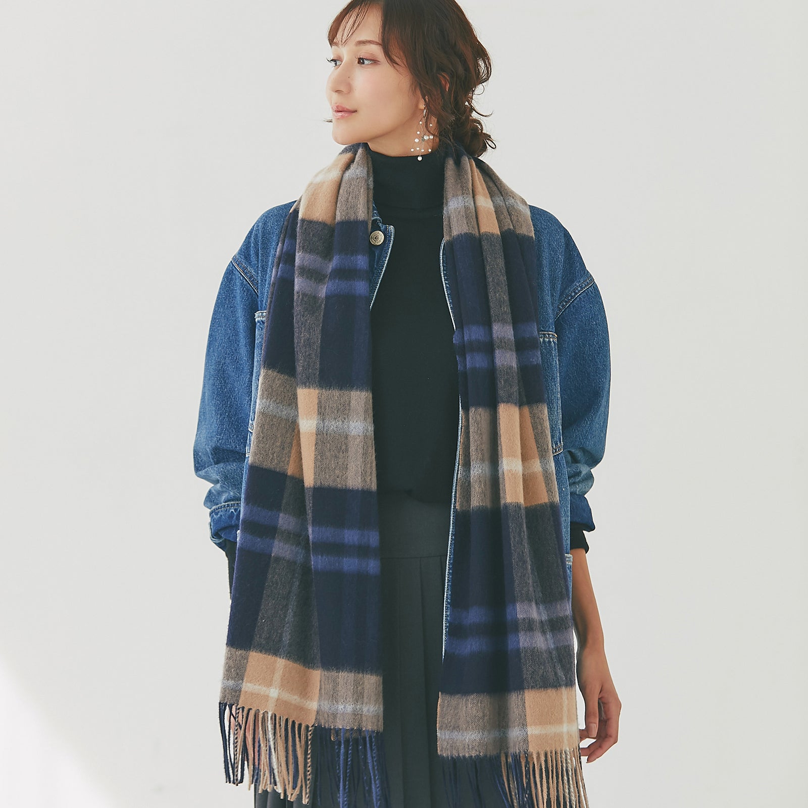 NEW】カシミヤ大判ストール チェック柄 ネイビーブラウン – INTERMODE