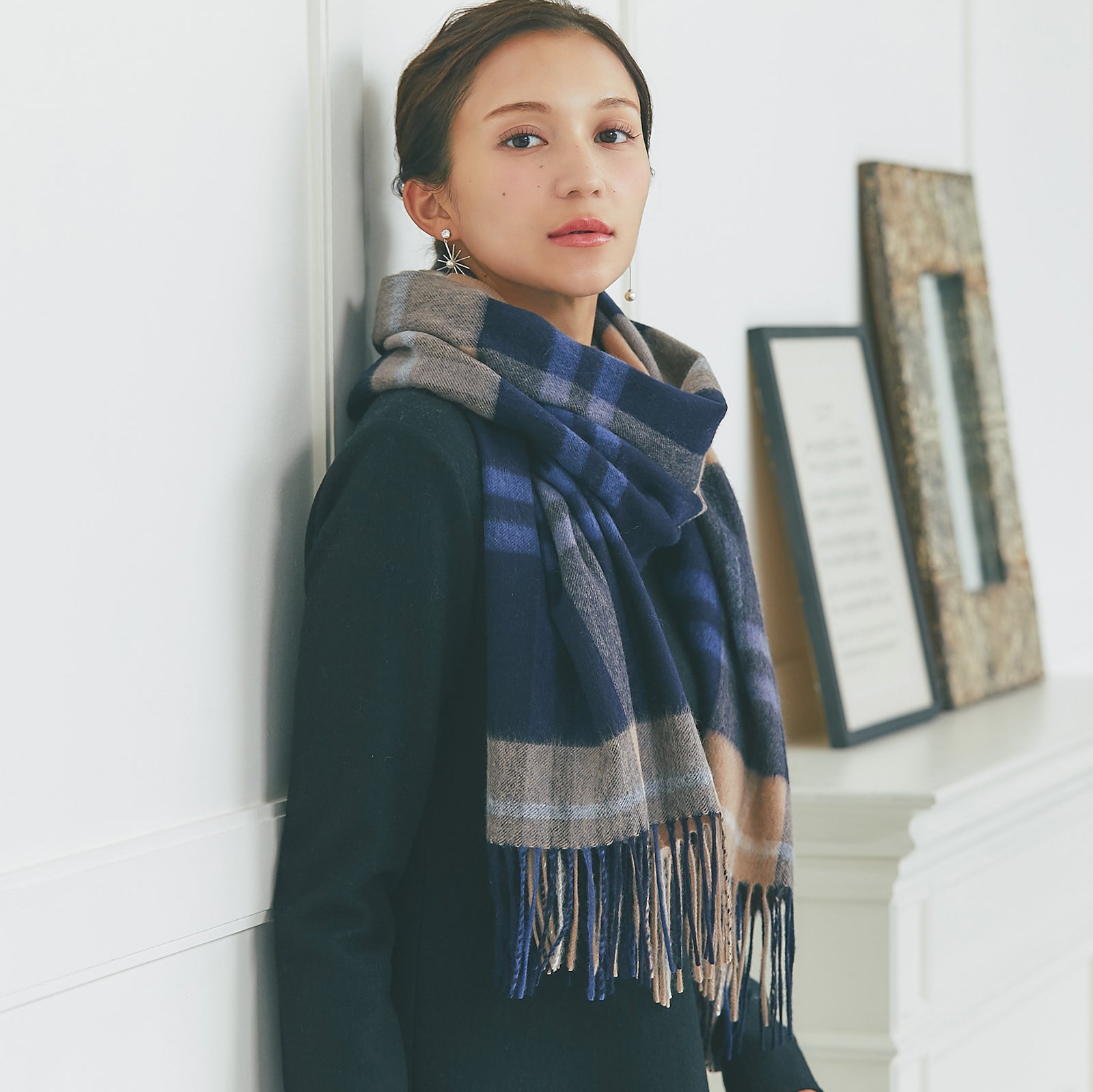 GGストール ネイビー×ブラウン NEW】カシミヤ大判ストール チェック柄 ネイビーブラウン – INTERMODE