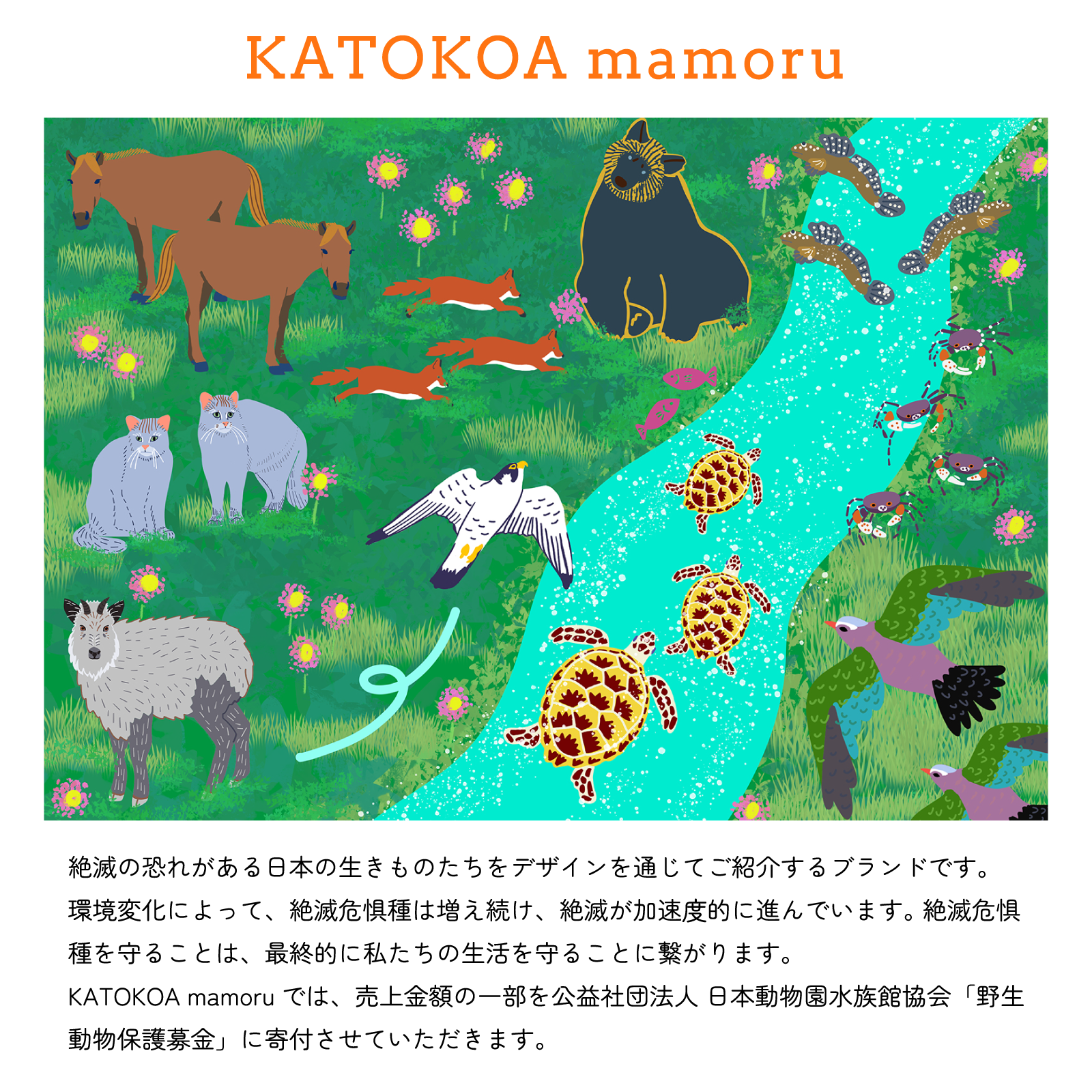 KATOKOA mamoruは絶滅の恐れがある日本の生きものたちをデザインを通じてご紹介するブランドです。
環境変化によって、絶滅危惧種は増え続け、絶滅が加速度的に進んでいます。 絶滅危惧種を守ることは、最終的に私たちの生活を守ることに繋がります。 KATOKOA mamoruでは、売上金額の一部を公益社団法人 日本動物園水族館協会「野生動物保護募金」に寄付させていただきます。